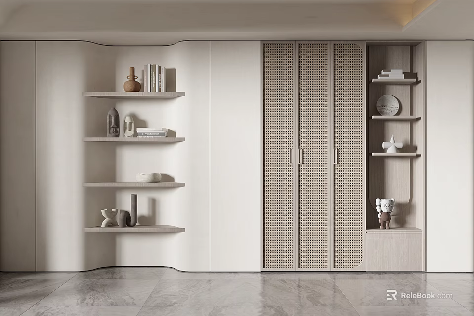 Modern Light Colored Bookcase With Open Shelves And Perforated Doors Displaying Decorative Items 3d model 