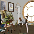 Musical Instruments and Art Supplies in Bright Studio with Easel Paintings Brushes and Sculpture