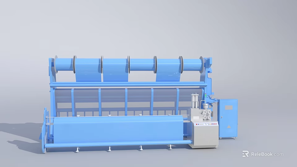 Blue Industrial Manufacturing Equipment With Multiple Rollers And Metal Frame 3d model