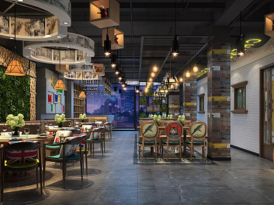 Modern Restaurant Interior With Hanging Lamps Dining Tables And Green Wall Decor 3d model