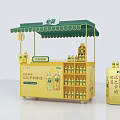 Mobile Yellow Drink Stall Featuring Green Awning Bottled Beverages And Lemonade Barrel