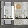 Modern Room Divider With Wooden Slats Glass Screens Ornamental Art And Shelves
