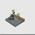 Rustic Wooden Stilt House with Palm Trees and Bangladeshi Flag by Sandy Beach Water