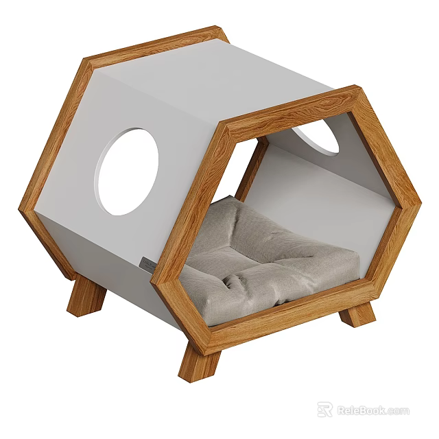 Hexagonal Cat Bed With Wooden Frame White Panels Circular Windows And Gray Cushion Wooden Legs 3d model 