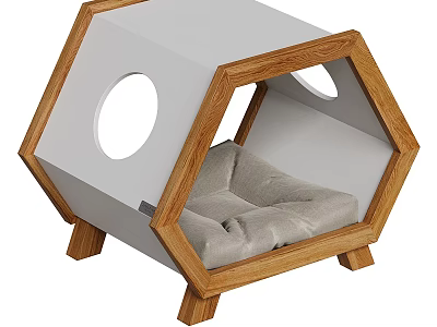 Hexagonal Cat Bed With Wooden Frame White Panels Circular Windows And Gray Cushion Wooden Legs 3d model