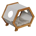 Hexagonal Cat Bed With Wooden Frame White Panels Circular Windows And Gray Cushion Wooden Legs