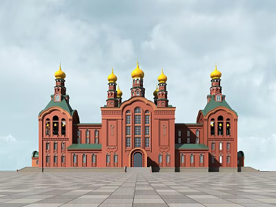 European Architecture Exterior With Golden Domes Red Brick Walls And Green Roofs 3d model