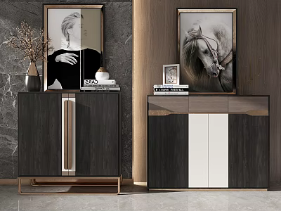 Elegant Modern Console and Side Cabinet with Gold Metal Accents Marble Wall and Artwork 3d model