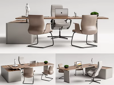 Modern Office Desk Setup With Ergonomic Chairs Laptop And Potted Green Plant 3d model