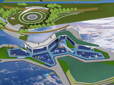 Park Landscape Design With Green Lawns Water Features Circular Plaza Walkways and Trees 3d model