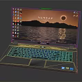 Modern Laptop With Colorful Backlit Keyboard Sunset Background Screen And Desktop Icons