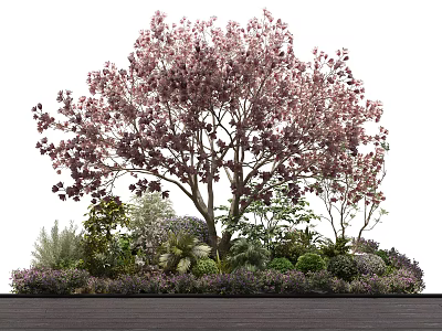 Arbor with Pink Blossoms in Garden Landscape Surrounded by Shrubs and Stones 3d model