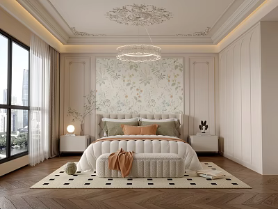 Elegant Bedroom With Ornate Ceiling Chandelier Floral Wallpaper White Tufted Bed And Geometric Rug 3d model