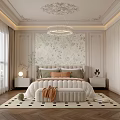 Elegant Bedroom With Ornate Ceiling Chandelier Floral Wallpaper White Tufted Bed And Geometric Rug