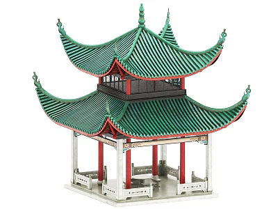 Traditional Chinese Pavilion With Two Tiered Green Tiled Roof Red Pillars White Base And Railing 3d model