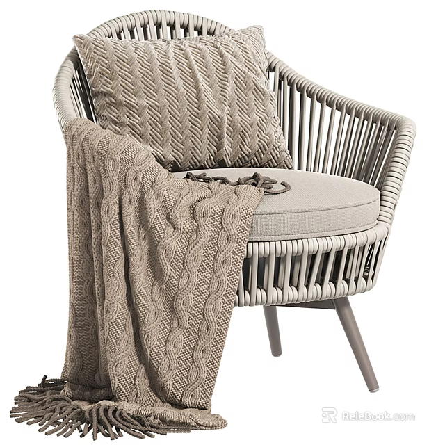 Cozy Wicker Leisure Chair With Textured Cushion And Knitted Blanket On Wooden Legs 3d model 
