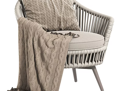 Cozy Wicker Leisure Chair With Textured Cushion And Knitted Blanket On Wooden Legs 3d model