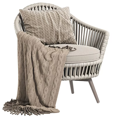 Cozy Wicker Leisure Chair With Textured Cushion And Knitted Blanket On Wooden Legs 3d model