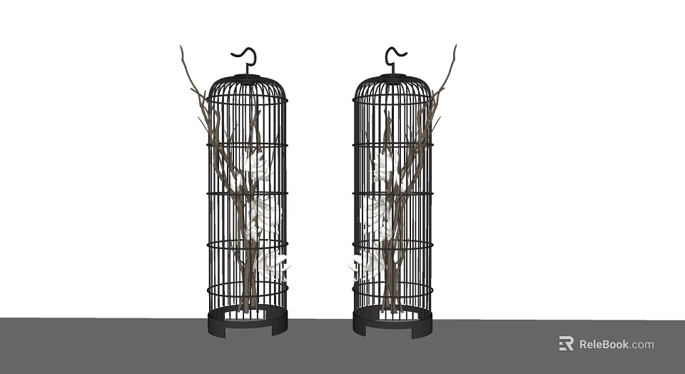 Decorative Birdcage Ornament Set With Branches For Home Interior Decor 3d model 
