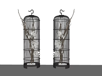 Decorative Birdcage Ornament Set With Branches For Home Interior Decor 3d model
