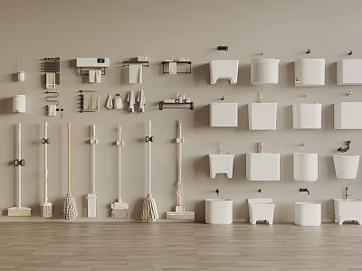 Cleaning Tools And Bathroom Fixtures Display On Wall 3d model