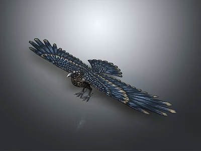 Bird with Spread Wings Displaying Blue and Yellow Feathers Against Gray Background 3d model
