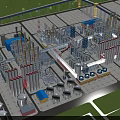 Large Industrial Factory Building With Metal Framework Multiple Exhaust Chimneys And Roof Structures