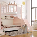 Pink Kids Bunk Bed With Slide Stairs And Crown Decoration In Playful Room
