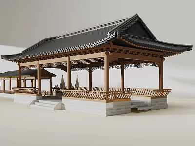 Ancient Architecture Pavilion with Black Tiled Roof Wooden Columns Carved Railings and Overhanging Eaves 3d model