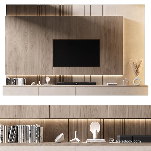 Modern TV Wall Design With Wooden Panels Built-in TV Shelves And Decorative Lighting 3d model 