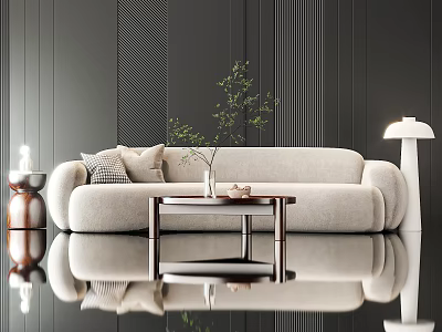 Beige Sectional Sofa with Coffee Table Vase Plant and Floor Lamp against Dark Striped Wall 3d model