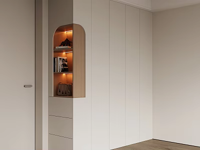 Modern White Wardrobe Interior With Open Storage Compartment Wooden Accents And Lighting 3d model