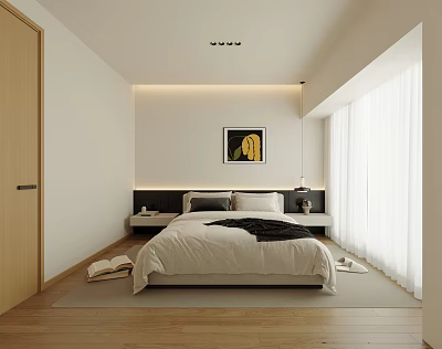Modern Minimalist Bedroom Interior With White Bedding Wall Art And Wooden Floor 3d model