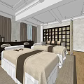 SPA Sauna Interior Design With Massage Bed Wooden Cabinets Decorative Shelf And Curtains