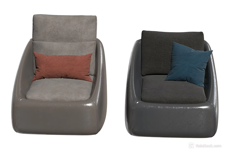 Modern Single Sofa with Grey Upholstery Red and Blue Accent Pillows 3d model
