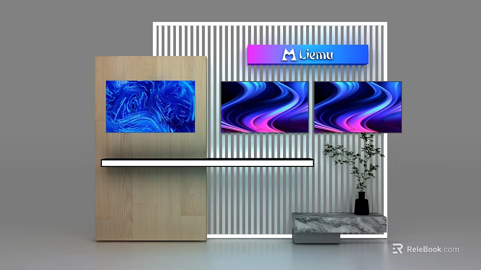 Modern Wooden Display Cabinet Shelf With Striped Wall Colorful Screens And Decorative Plant 3d model 