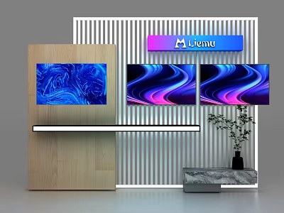 Modern Wooden Display Cabinet Shelf With Striped Wall Colorful Screens And Decorative Plant 3d model