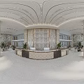 Elegant Modern Reception Desk Area With Marble Columns Decorative Backdrop Wall Green Plants And Bright Lighting