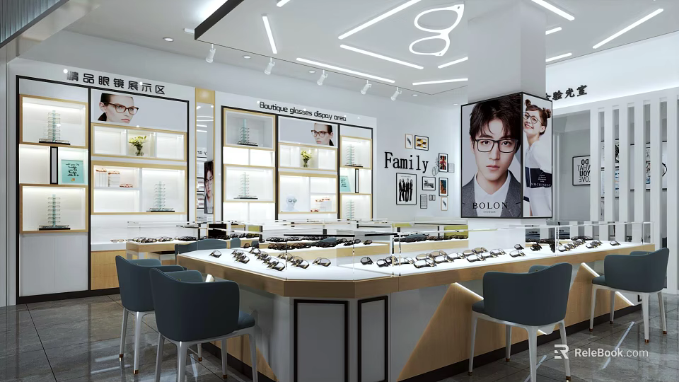 Modern Eyewear Store Interior With Display Cabinets Eyewear Collections And Model Posters 3d model