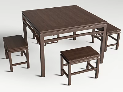 Wooden Square Dining Table Set With Four Benches Simple Style And Clean Lines 3d model