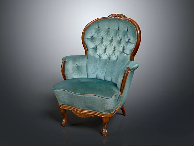 Classic Interior Armchair With Tufted Blue Fabric And Wooden Carved Armrests 3d model