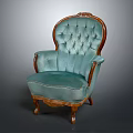 Classic Interior Armchair With Tufted Blue Fabric And Wooden Carved Armrests