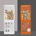 Two White And Orange Entertainment Vending Machines With Orange Gray Balls And Small Toys