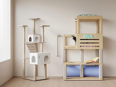 Light Wooden Cat Tree And House With MIA Name For Indoor Pet Furniture 3d model