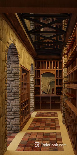 Vintage Wine and Tobacco Shop Interior With Stone Walls Wooden Shelves And Wine Racks 3d model 