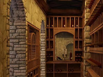 Vintage Wine and Tobacco Shop Interior With Stone Walls Wooden Shelves And Wine Racks 3d model