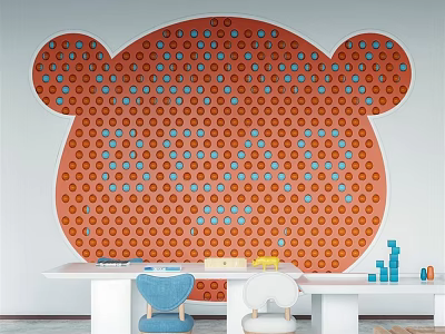 Kids Room Decor With Orange Bear Head Wall Blue Dots White Table And Toys 3d model
