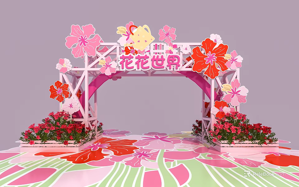 Vibrant Event Gateway With Pink Arch Flower Decorations Red Bouquets And Cartoon Figure 3d model 