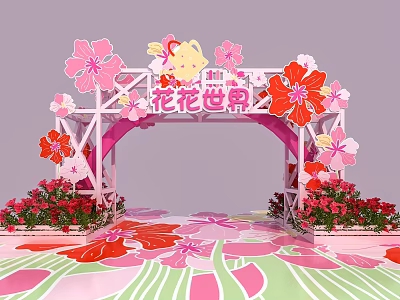Vibrant Event Gateway With Pink Arch Flower Decorations Red Bouquets And Cartoon Figure 3d model