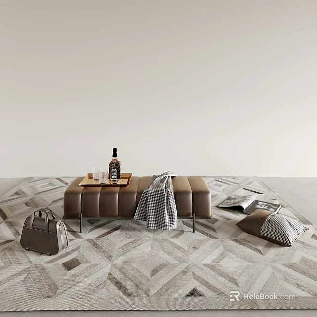 Brown Leather Bench With Tray Wine Bottle Glasses Checkered Blanket On Geometric Rug 3d model 